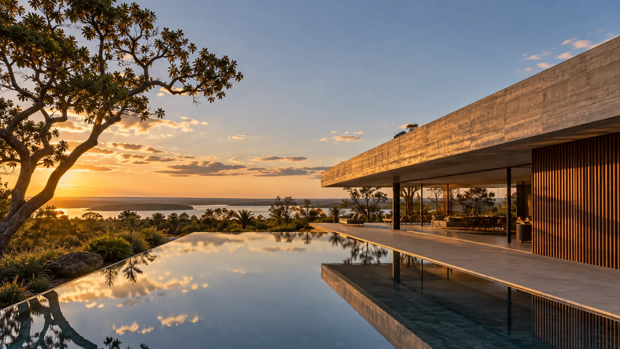 Casa modernista no Lago Sul, com cobertura de concreto, brises de madeira, espelho d’água e uma árvore do cerrado; Lago Paranoá ao fundo