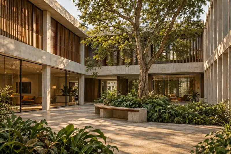 Pátio corporativo com árvore central, bancos curvos e brises