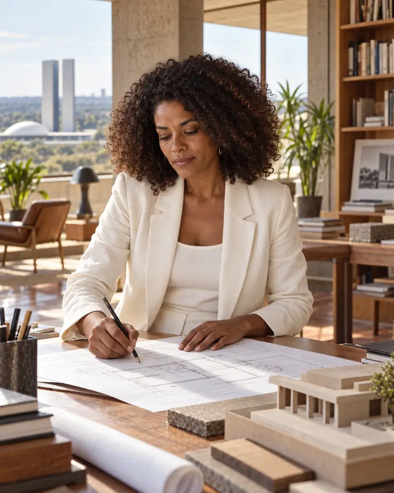 Cecília Moura trabalhando em um projeto de arquitetura