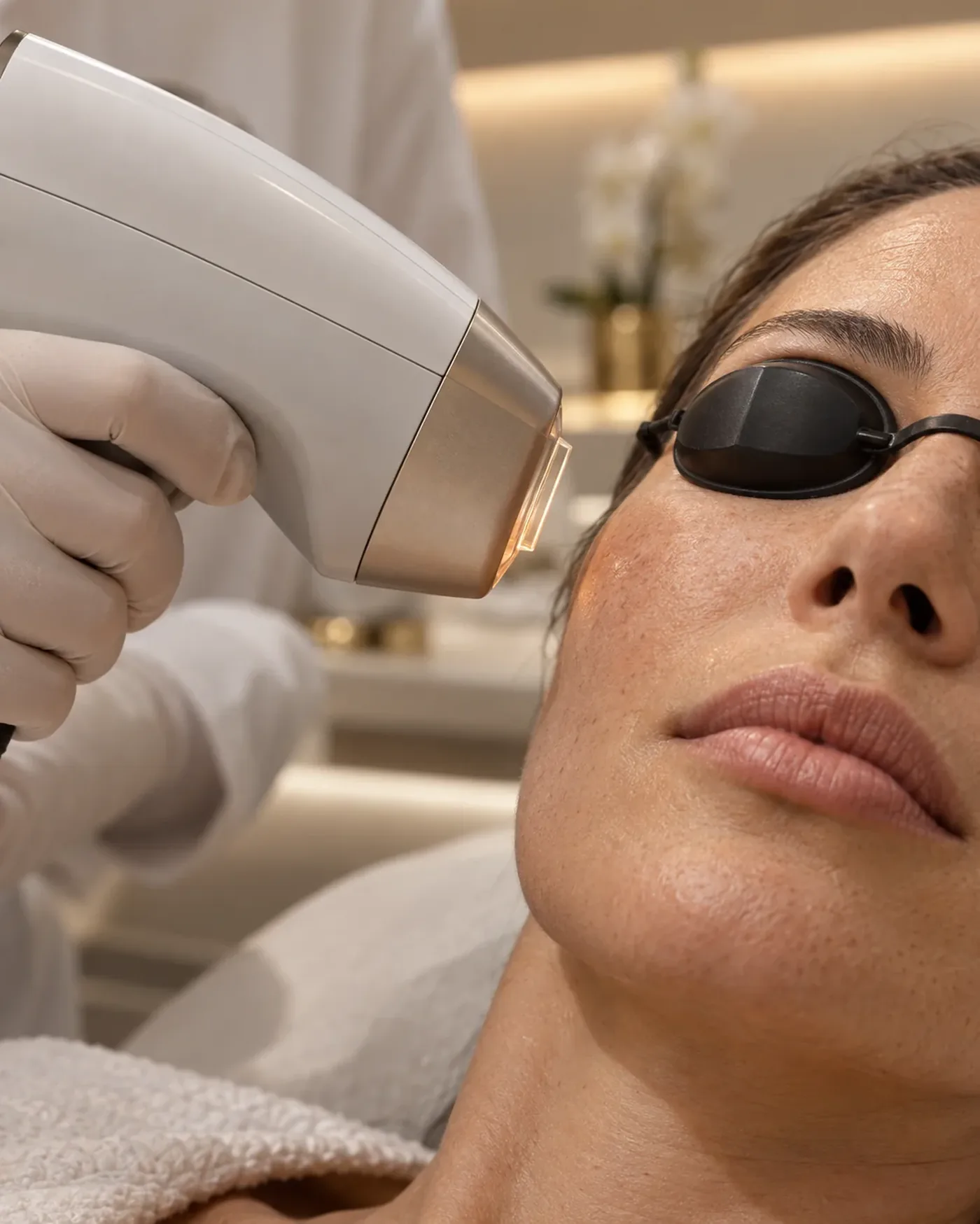 Ponteira de laser próxima à pele de uma mulher com óculos de proteção