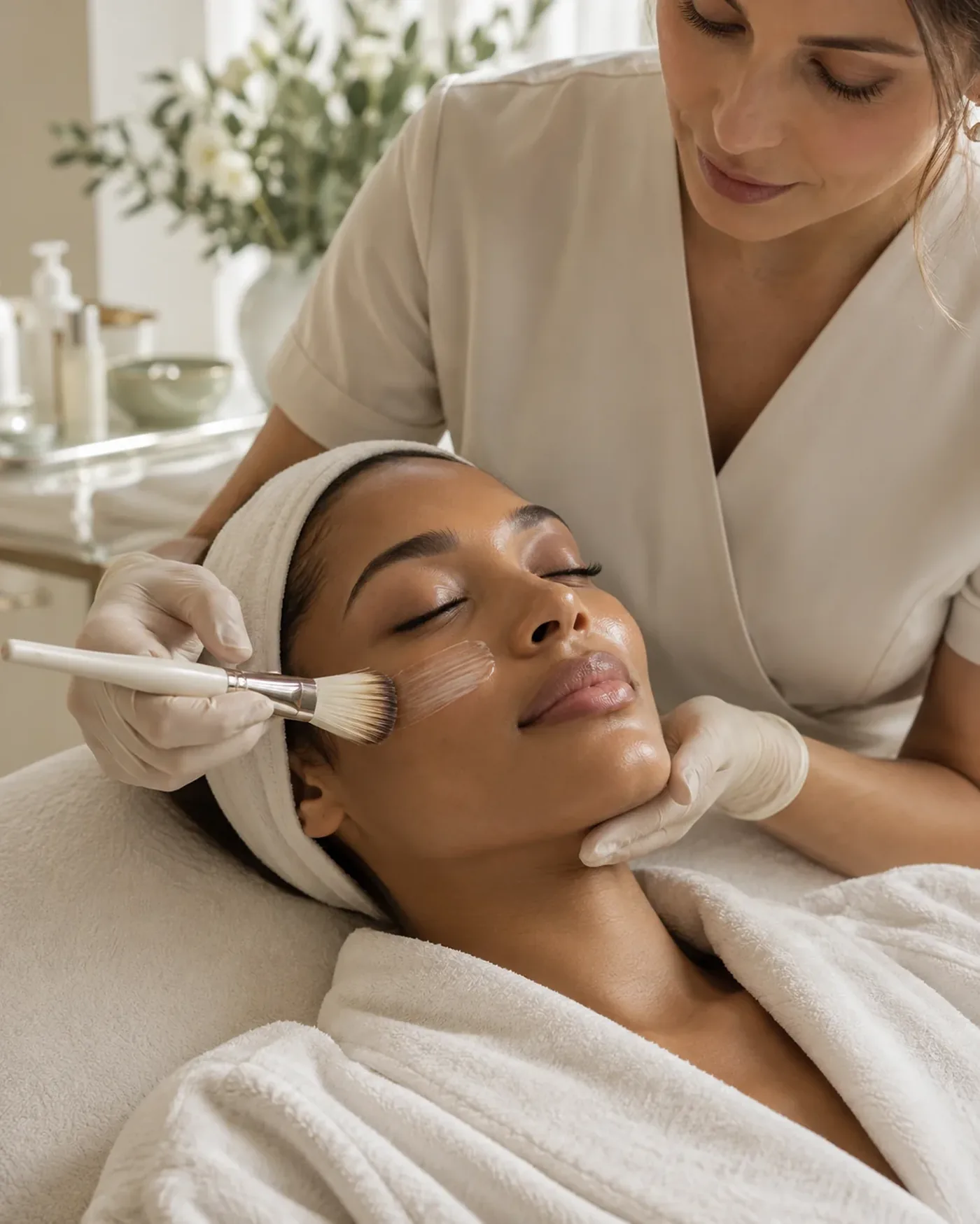 Cuidado facial delicado em ambiente clínico
