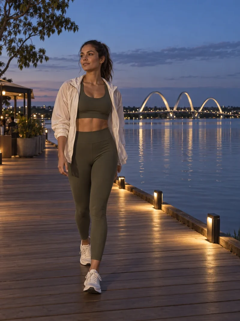 Mulher com jaqueta clara no Pontão ao anoitecer, com o Lago Paranoá e a Ponte JK ao fundo