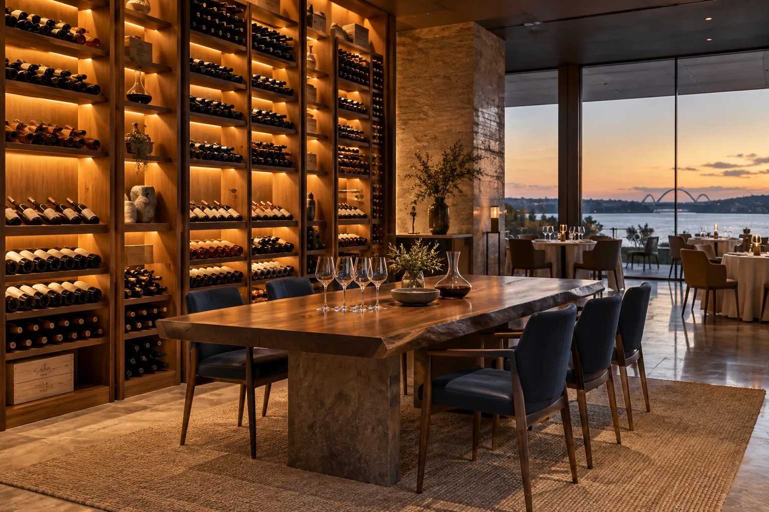 Adega de madeira iluminada em âmbar no restaurante de arquitetura modernista