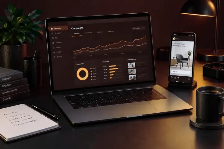 Notebook com gerenciamento de campanhas e anúncio em um celular.