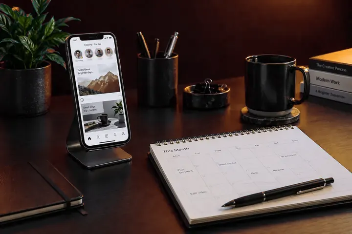 Celular com rede social ao lado de um calendário de planejamento.